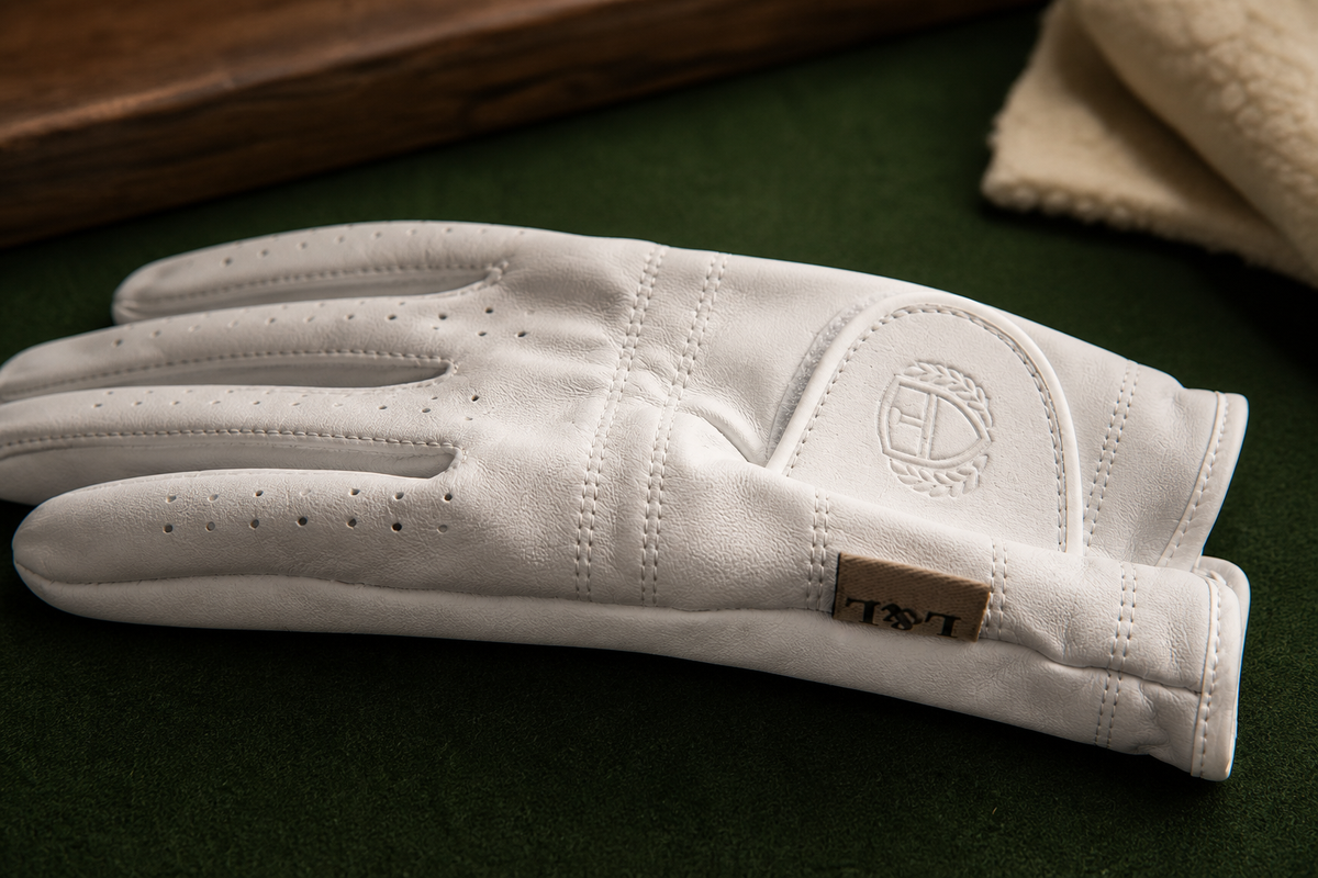 Close detail of soft Cabretta leather, fine stitching and perforations on a white golf glove