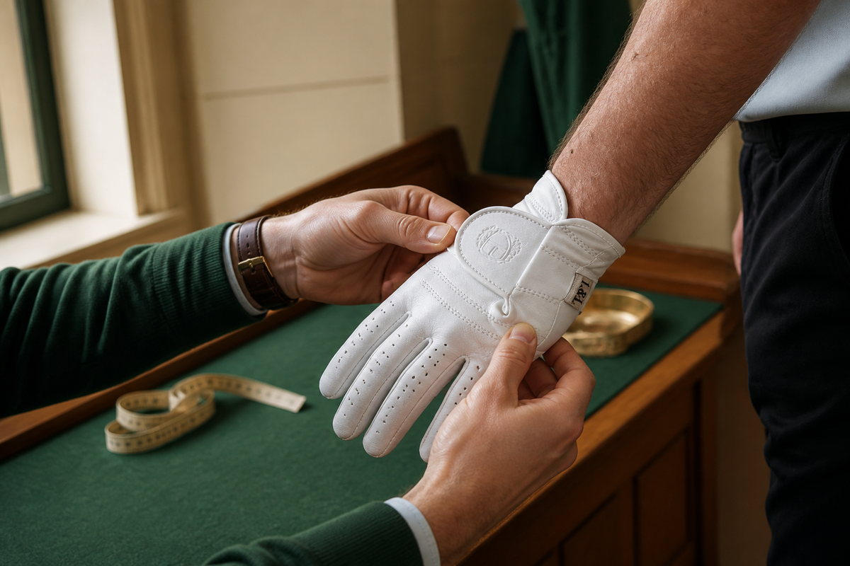 Professional fitting a white leather golf glove in a traditional clubhouse