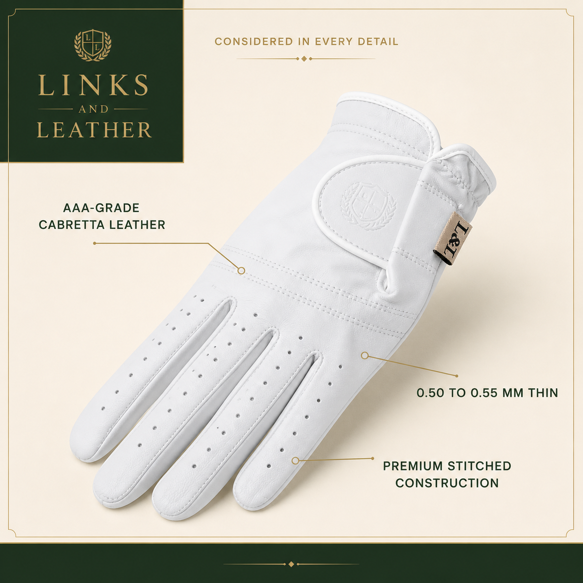Links And Leather golf glove with Cabretta leather, thin construction and stitching features