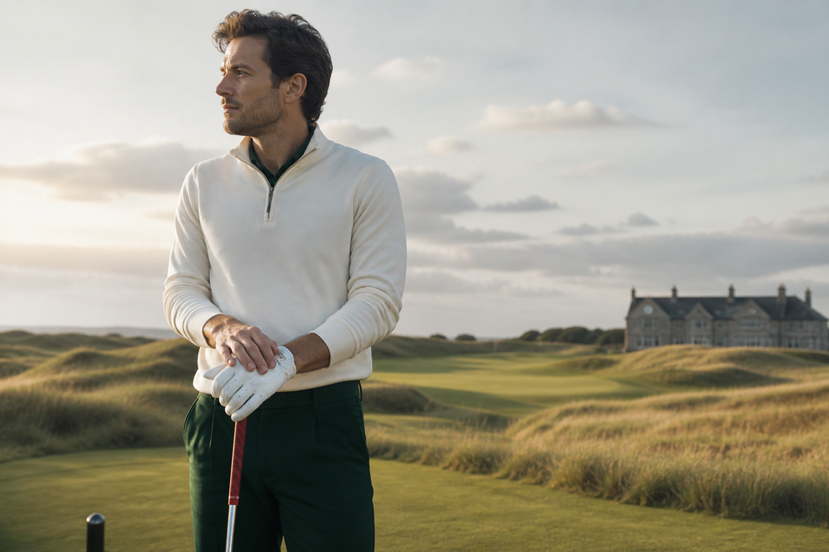 Golfer wearing a premium white leather golf glove on a traditional British links course
