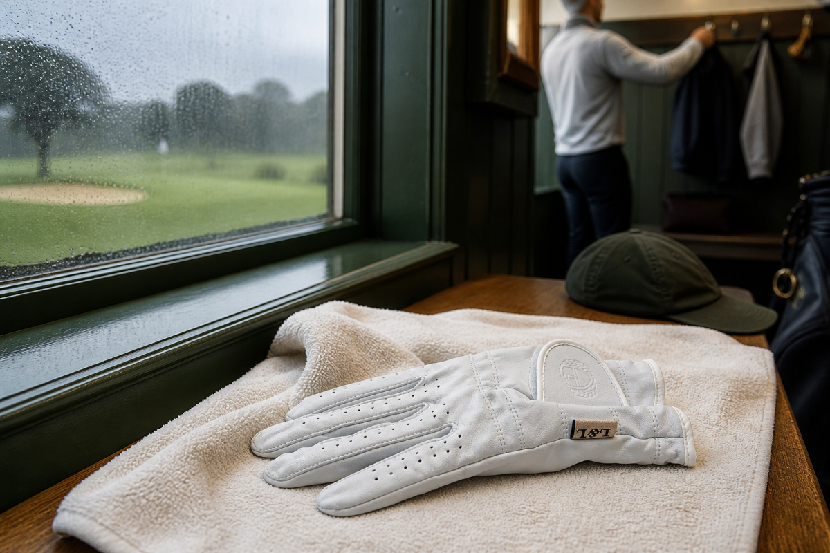 White leather golf glove laid flat to air dry after a rainy UK round
