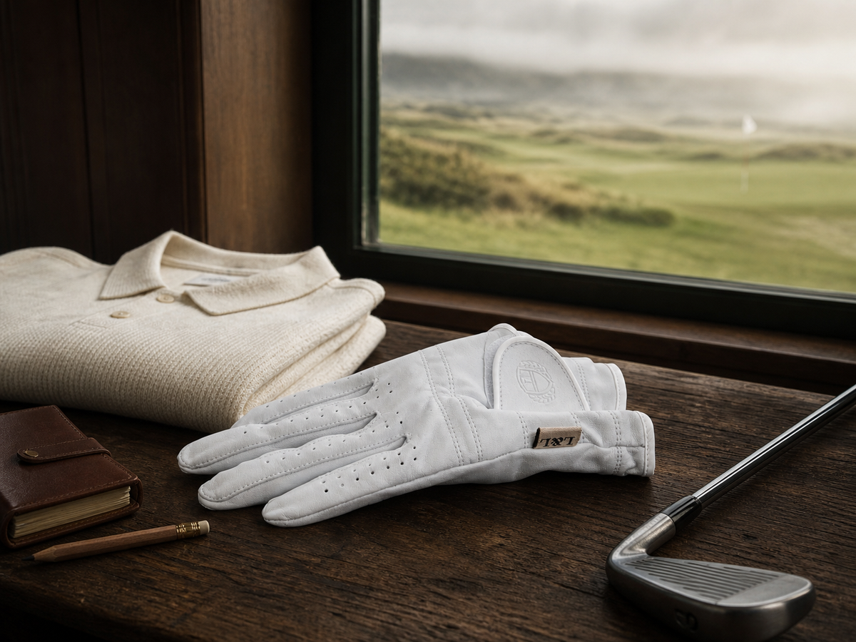 Links And Leather white golf glove in a traditional clubhouse overlooking a British links course