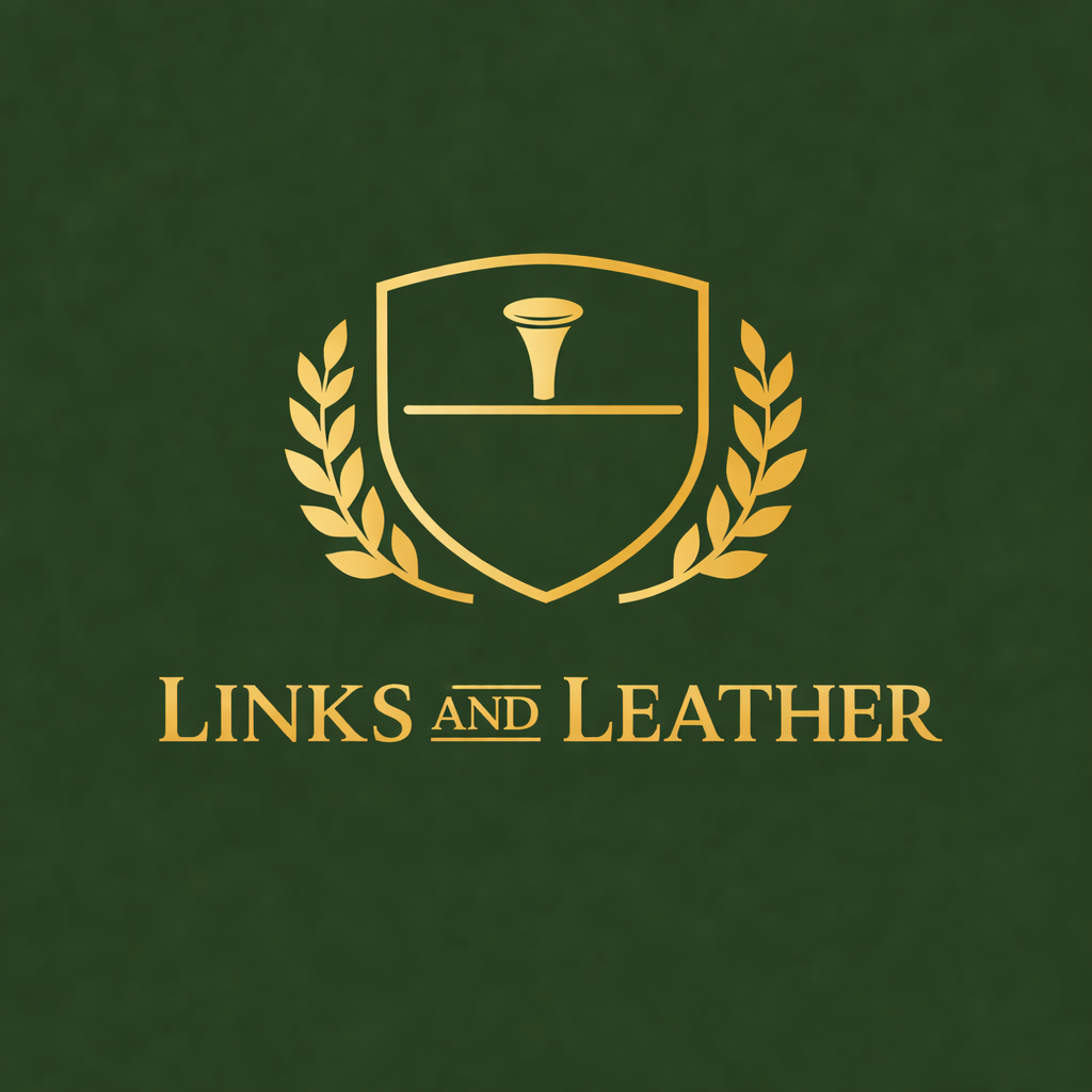 Links And Leather heritage golf crest in gold on heritage green