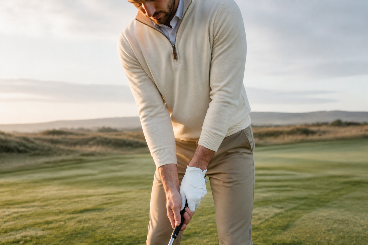 Golfer wearing a white Links And Leather golf glove on a traditional links course