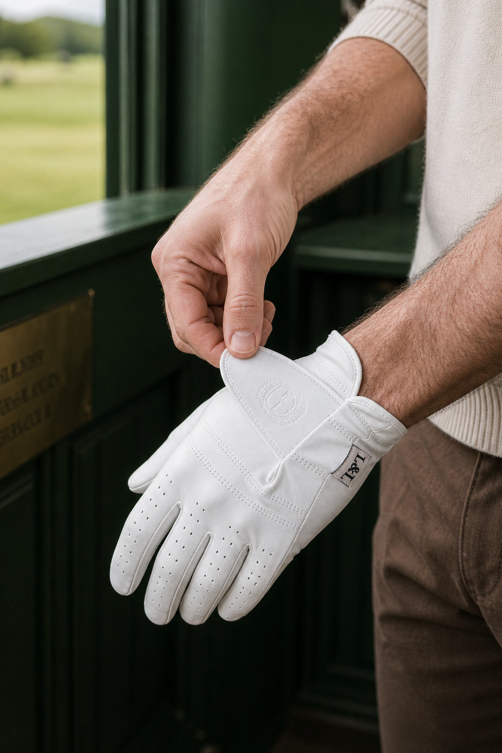 Golfer fastening a white Links And Leather glove before a round